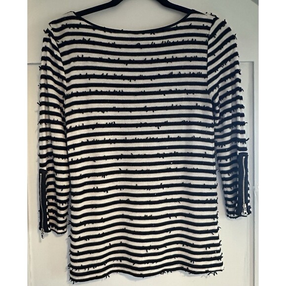 Ann Taylor Womens Knit Sweater Size XS Black White Striped Scoop Neck Sequins - Picture 7 of 9